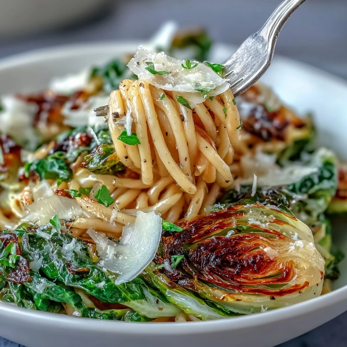 Steam rises from a skillet of Cabbage Pasta With Garlic and Parmesan, showcasing buttery noodles and tender cabbage for a cozy vegetarian dinner.