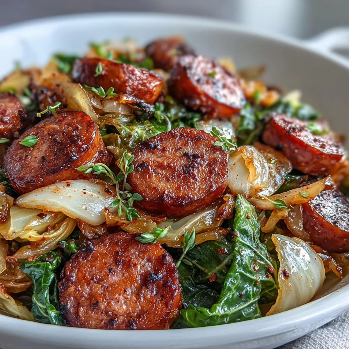 Sliced smoked sausage and tender cabbage sizzle together in a savory skillet meal. 