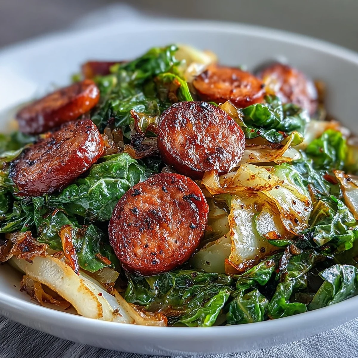 A close-up of Smothered Cabbage With Sausage Skillet, glistening with smoky pan juices and herbs. 