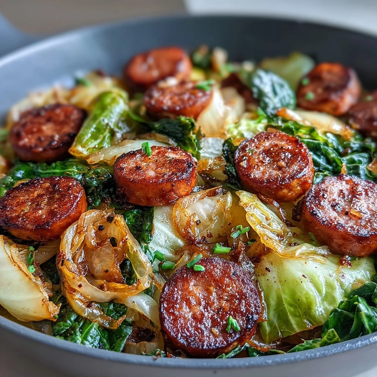 Hearty Smothered Cabbage With Sausage Skillet served steamy, with a rustic spoon ready to serve.