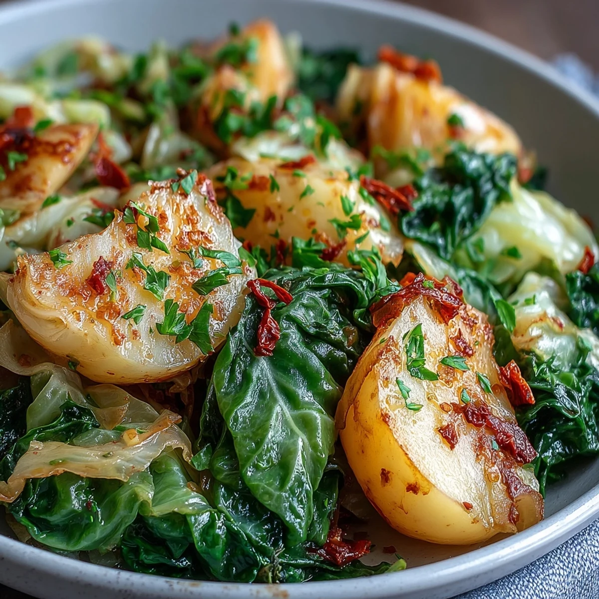 Hearty vegetarian braised cabbage and potatoes with chili steam in a Dutch oven, served with crusty bread alongside.