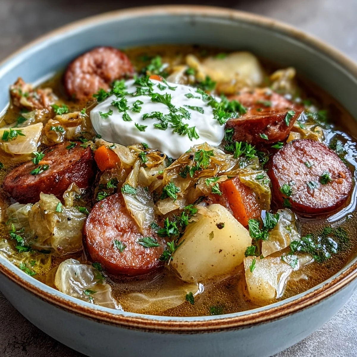 Hearty Sausage, Potato and Cabbage Soup with tender vegetables, served steaming in a rustic bowl.