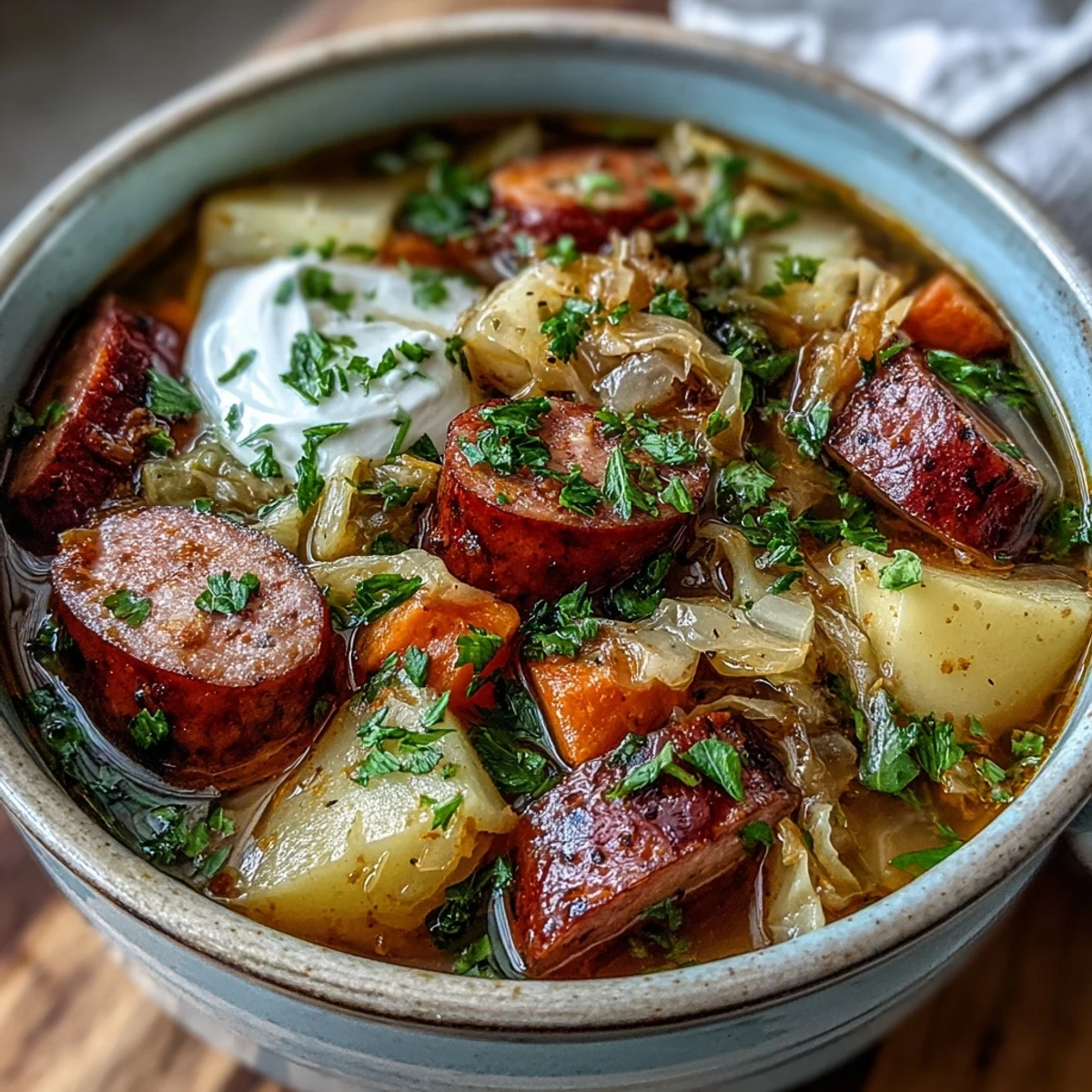 Freshly ladled Sausage, Potato and Cabbage Soup garnished with parsley, ready to enjoy with crusty bread.