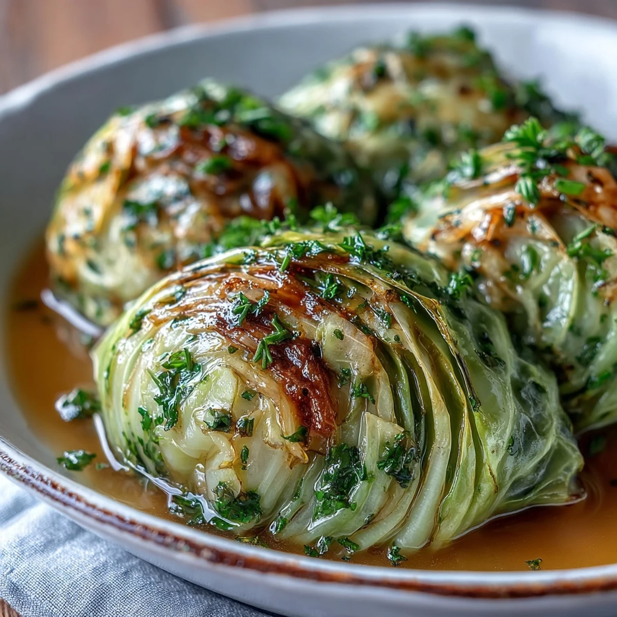 Tender wedges of Herby Cabbage in Parmesan Broth simmered in a savory, creamy sauce with fresh thyme and parsley.