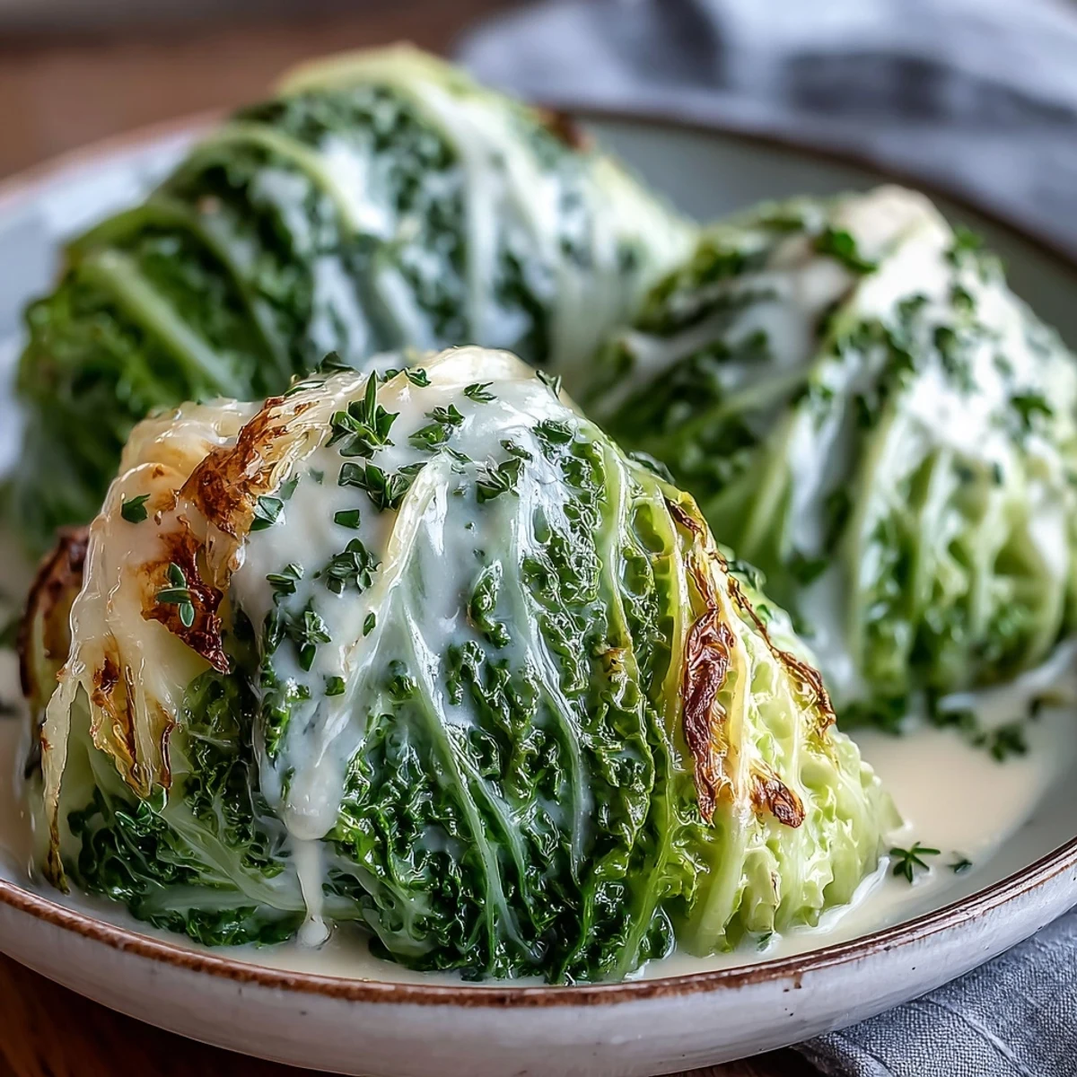 Close-up of Herby Cabbage in Parmesan Broth, showcasing golden cabbage wedges steeped in a rich, aromatic vegetable broth.