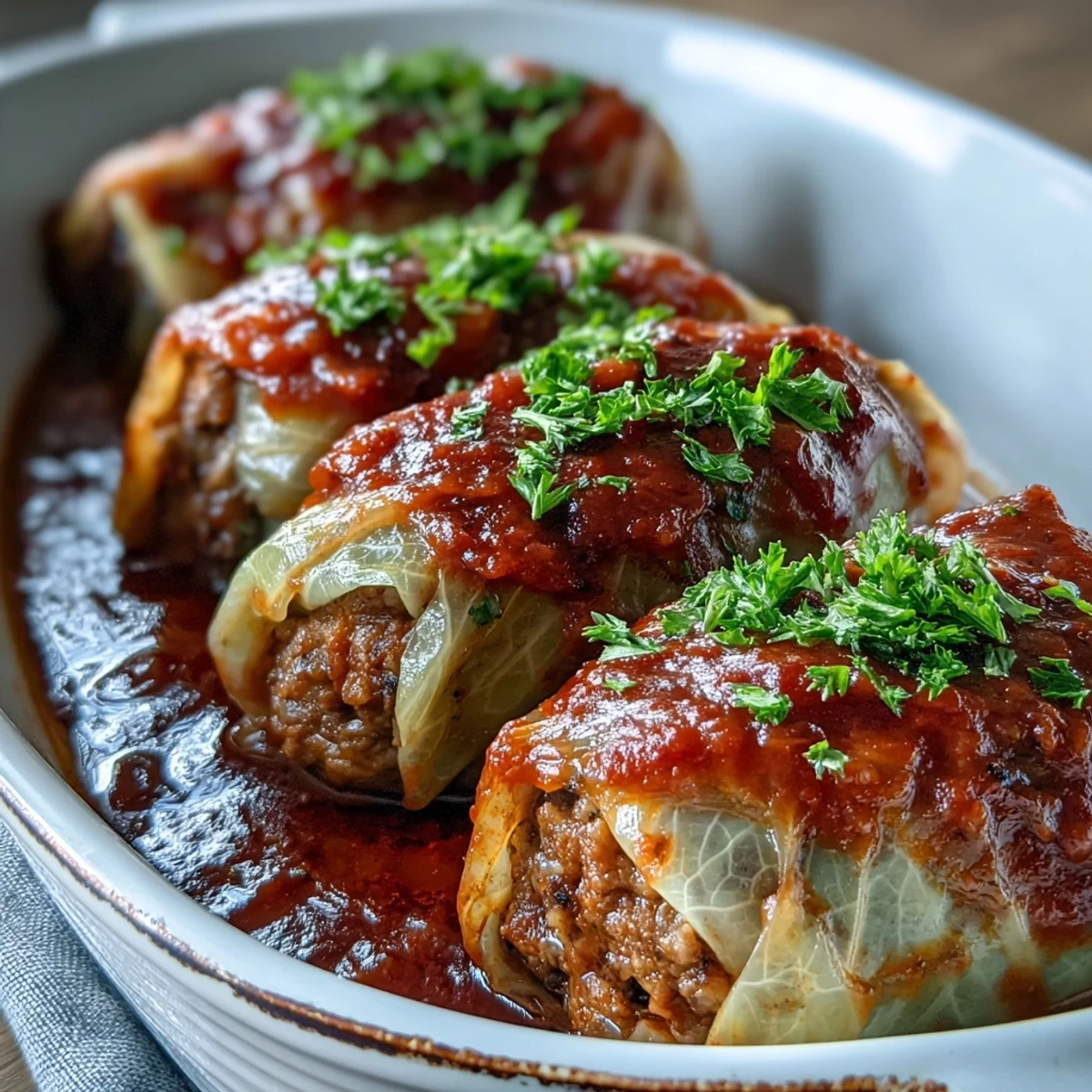 Golden-baked Cabbage Rolls in rich tomato sauce, served bubbling hot and garnished with fresh parsley.