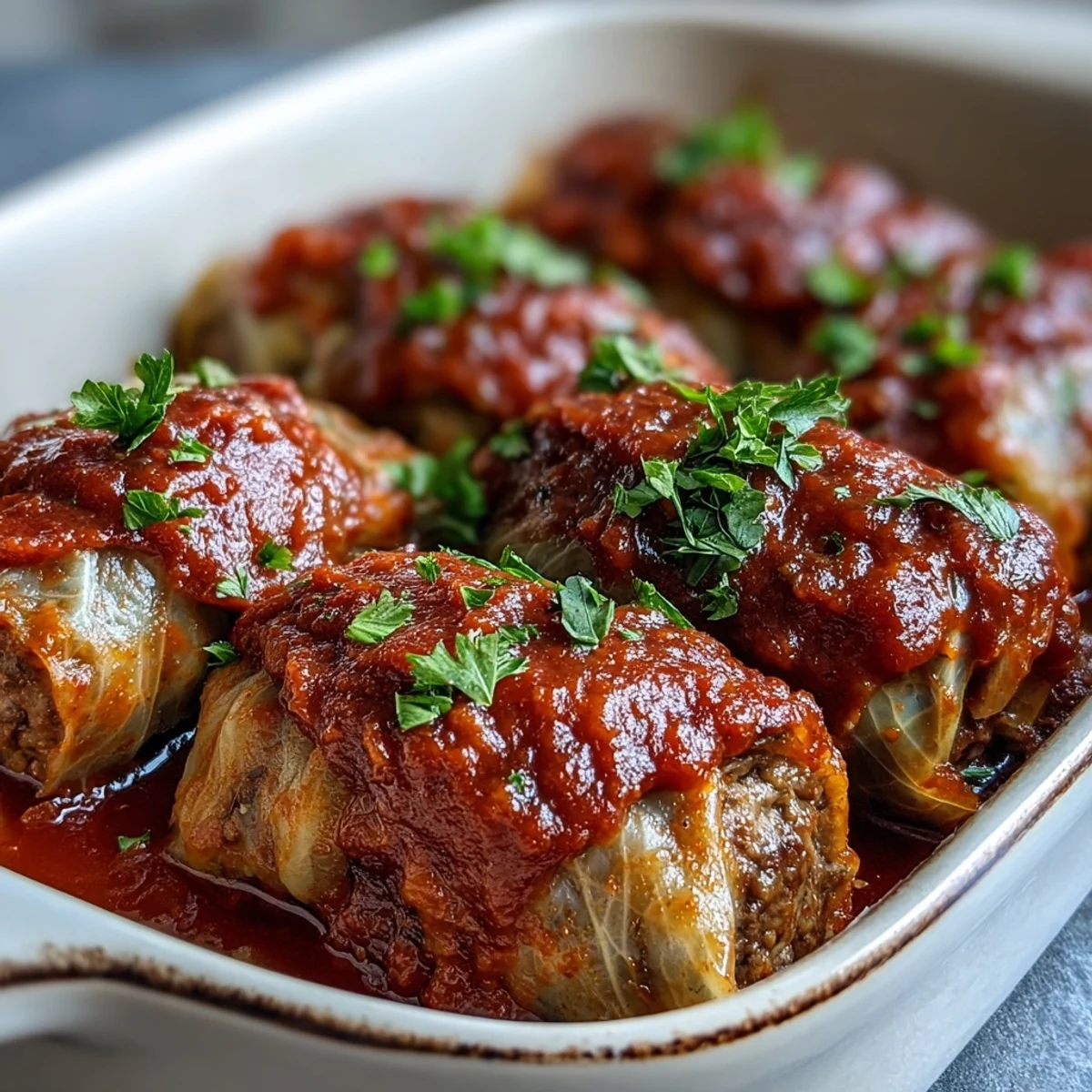 Hearty Cabbage Rolls stuffed with savory meat and rice, perfectly browned in a baking dish.