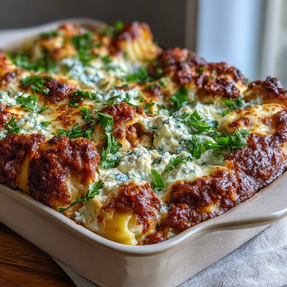 A rustic casserole dish holding golden Cottage Cheese Protein Pasta Bake with Ground Beef, garnished with fresh basil.