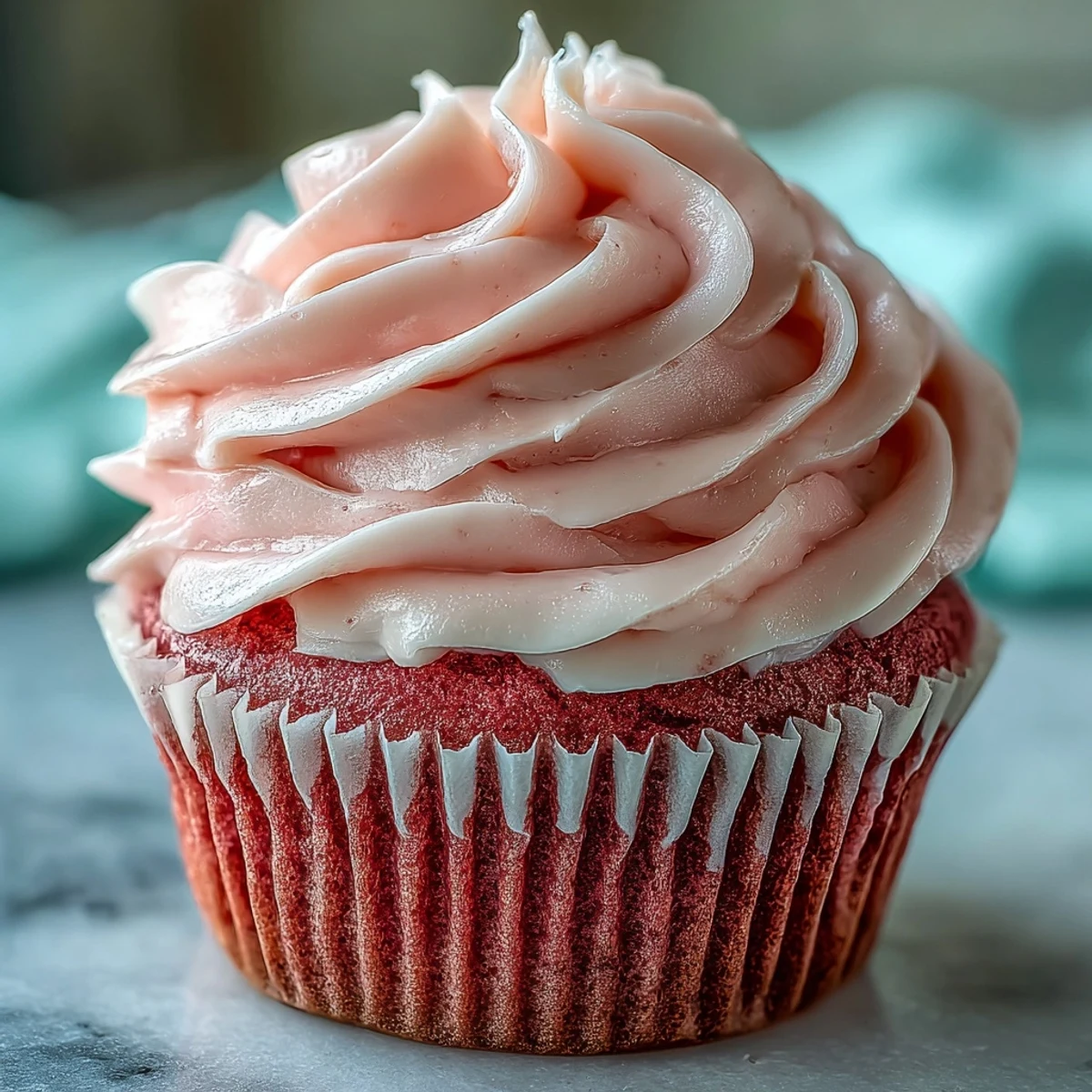 Freshly baked Pink Velvet Cupcakes with vanilla buttercream frosting, topped with pink sprinkles on a rustic wooden table.