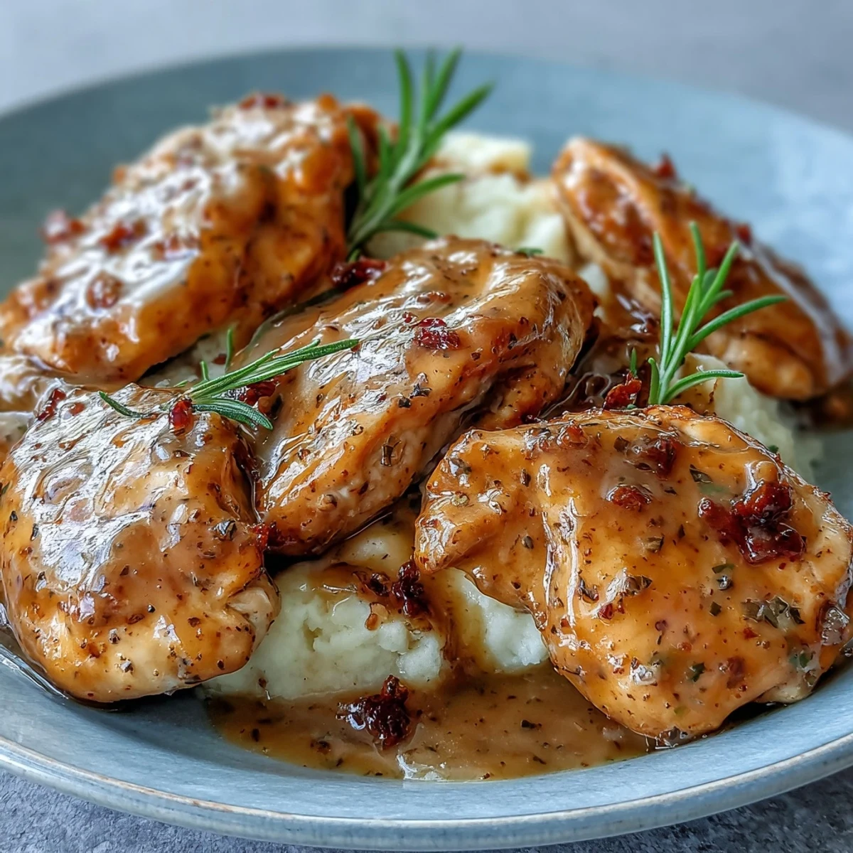 Fall-apart Slow Cooker Honey Mustard Chicken breasts resting in a rich, glossy mustard and honey sauce inside a slow cooker.