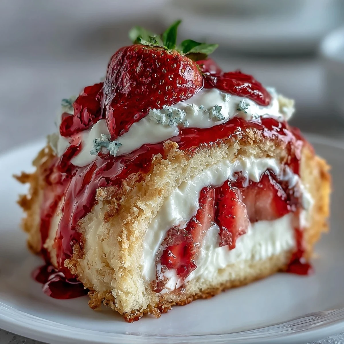 Close-up cross section of a Strawberry Shortcake Sushi Roll revealing fluffy sponge cake, whipped cream, and bright red strawberry ribbons.