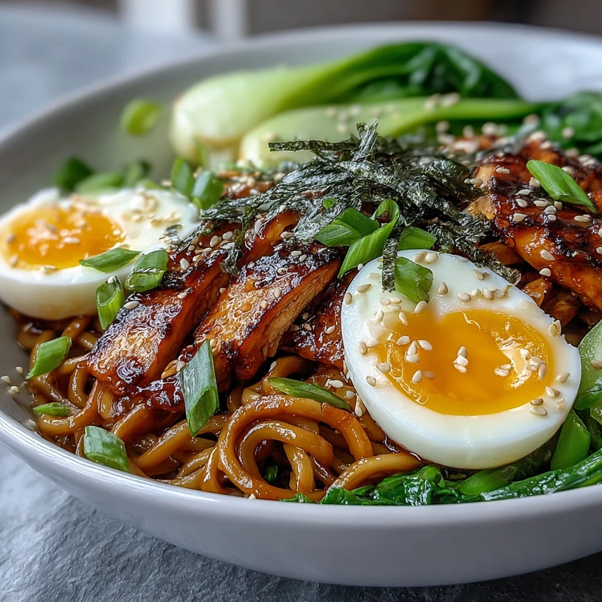 Two bowls of Healthy Miso Chicken Noodle Bowls feature sliced grilled chicken, chewy soba noodles, and crisp vegetables like bok choy and carrots in a savory broth.