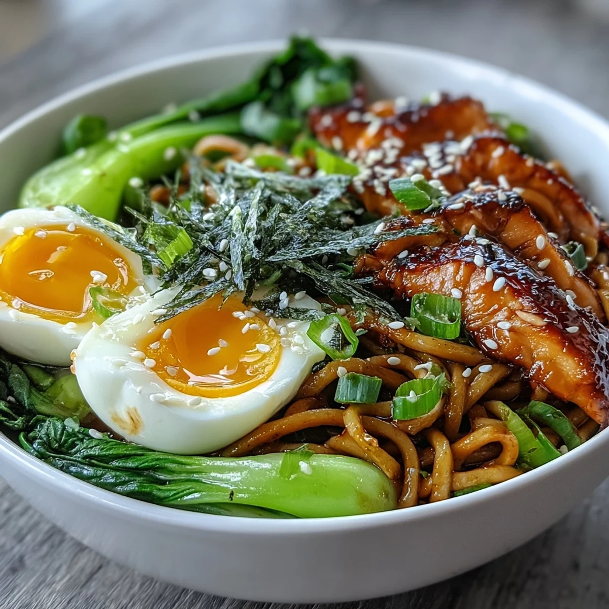 Steaming Healthy Miso Chicken Noodle Bowls showcase tender chicken and vibrant greens, ready to be enjoyed with chopsticks for an authentic dinner experience.