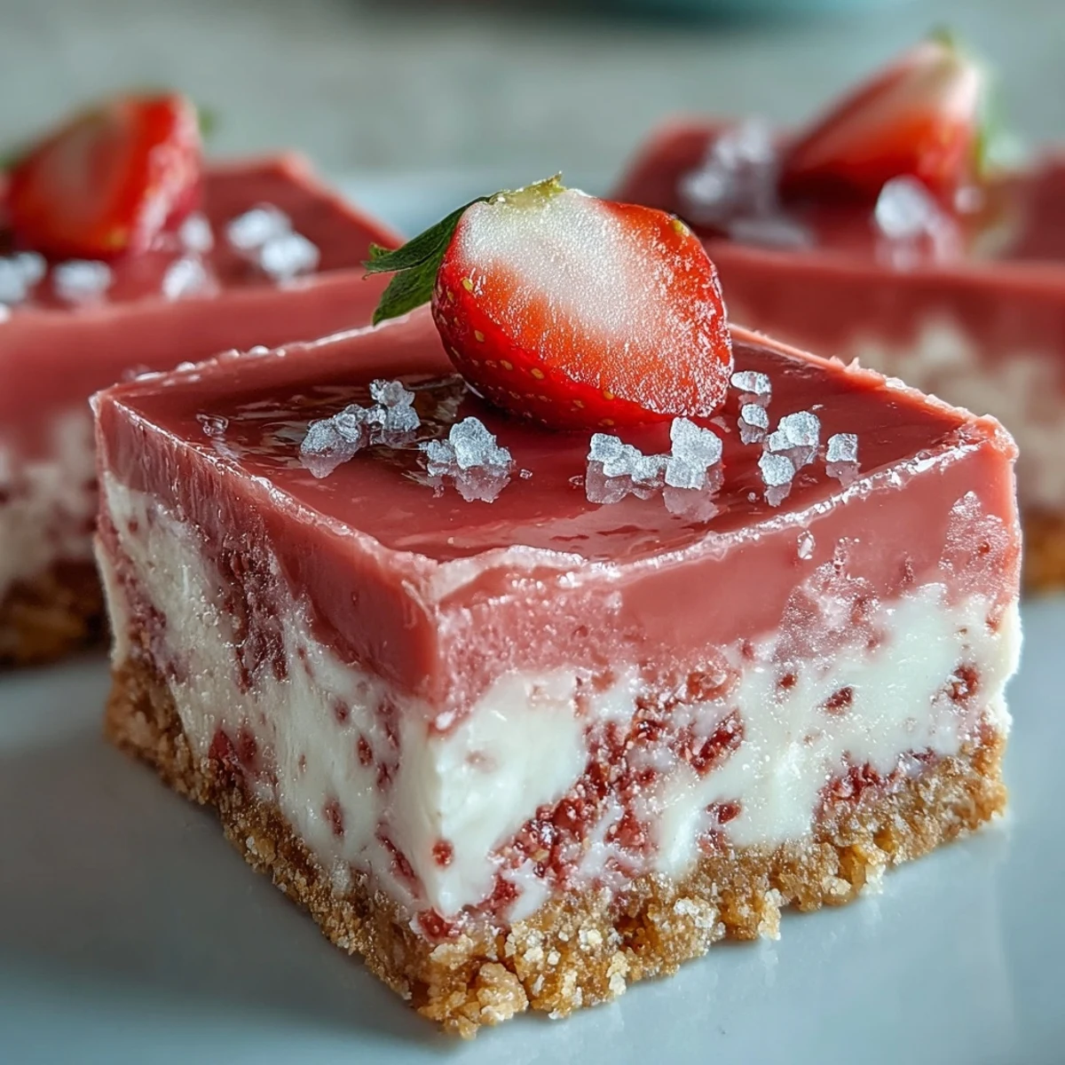 Freshly cut No-Bake Strawberry Fudge Squares on a wooden board, revealing a creamy pink center and golden graham cracker crust.