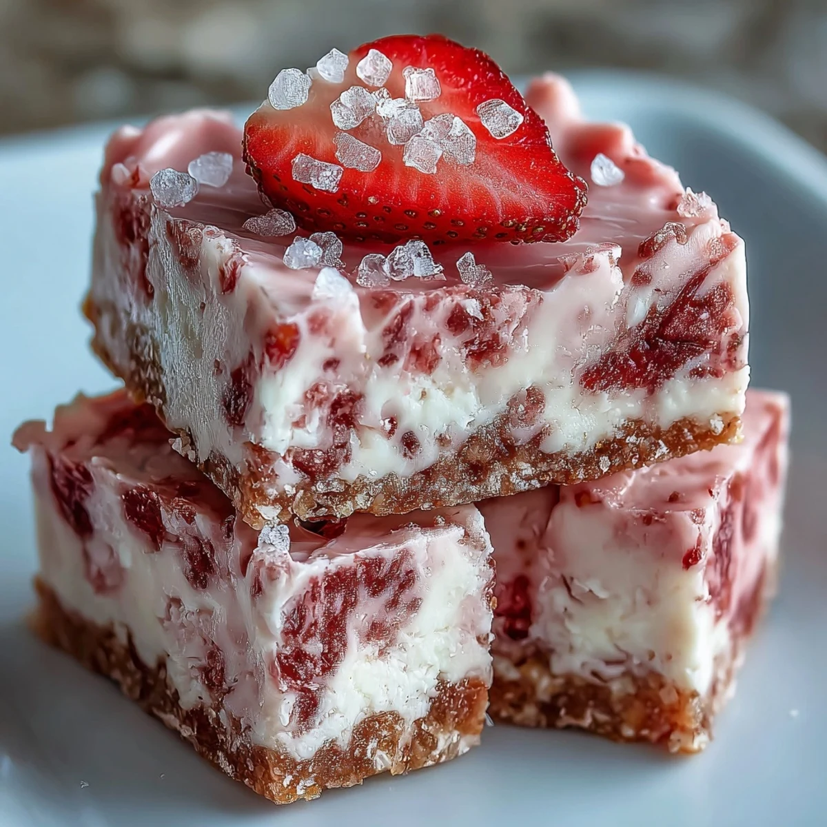 Vibrant No-Bake Strawberry Fudge Squares stacked on a plate, ready to be served as a sweet dessert treat.