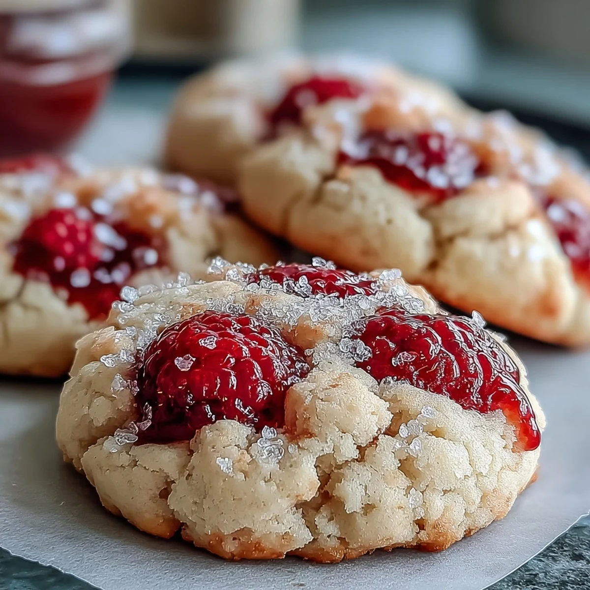 Golden Soft Chewy Raspberry Sugar Cookies with a sparkling sugar crust are arranged on a wire rack next to fresh raspberries.