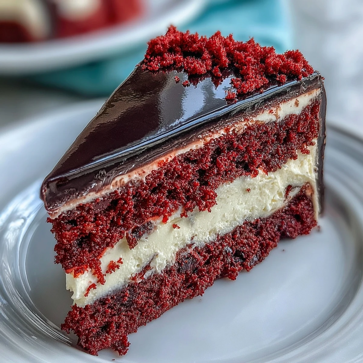 A close-up of the Betty Boop Cake featuring velvety red layers, smooth cream cheese frosting, and shiny black fondant hair.