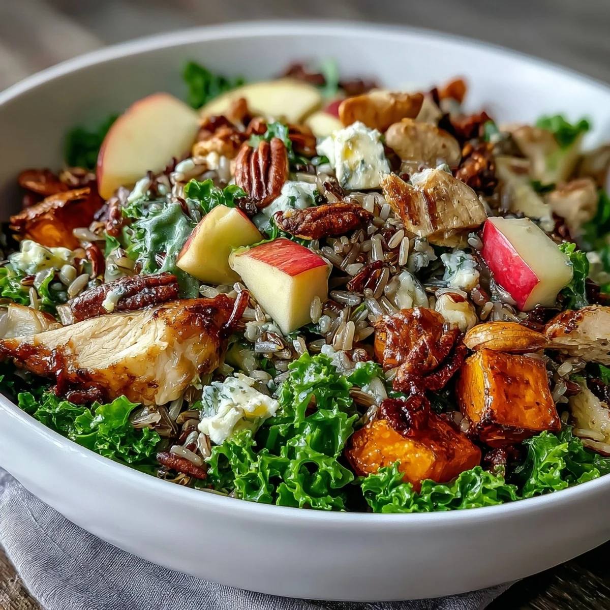 Freshly roasted chicken, crispy sweet potatoes, and massaged kale layered in a vibrant Harvest Bowl topped with apples, almonds, and goat cheese.