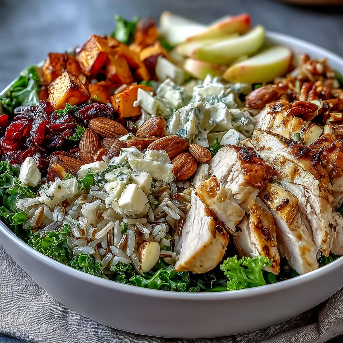A hearty Harvest Bowl featuring wild rice, tender chicken, roasted sweet potatoes, kale, and a drizzle of balsamic dressing ready to serve.