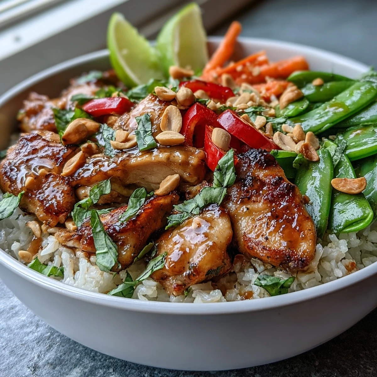 Savory Thai Chicken Coconut Bowl garnished with peanuts, cilantro, and lime wedges, served with colorful vegetables over creamy coconut rice.