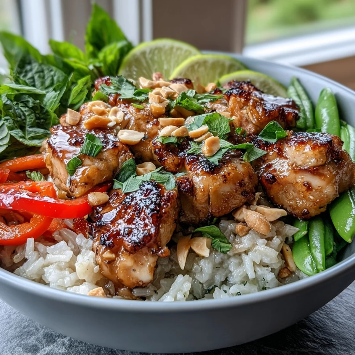 Close-up of a Thai Chicken Coconut Bowl featuring tender chicken, julienned carrots, fresh herbs, and a drizzle of lime juice.