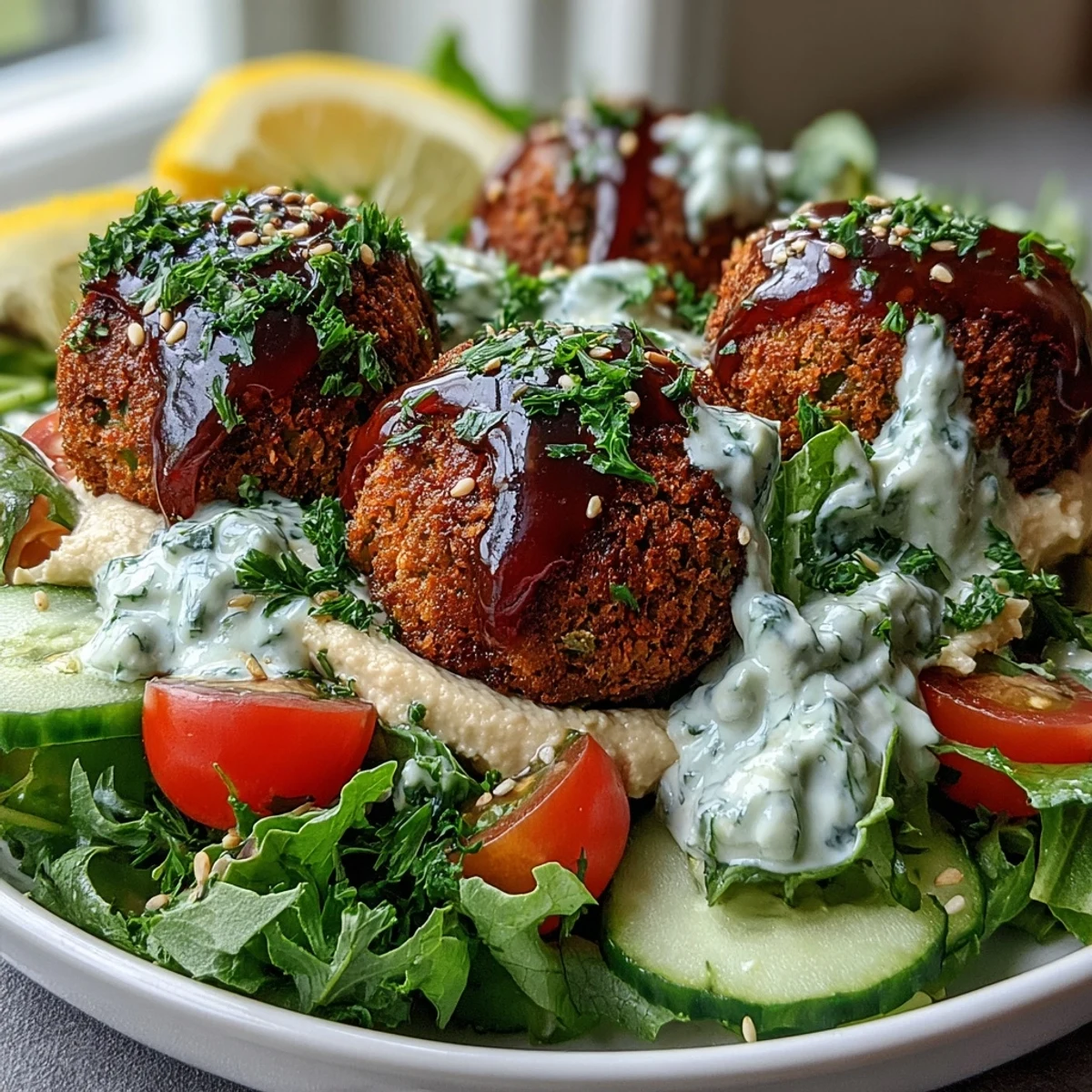 Bright Mediterranean falafel bowl garnished with parsley and sesame seeds, featuring cherry tomatoes, cucumber, and red onion over a bed of mixed greens with lemon wedges.