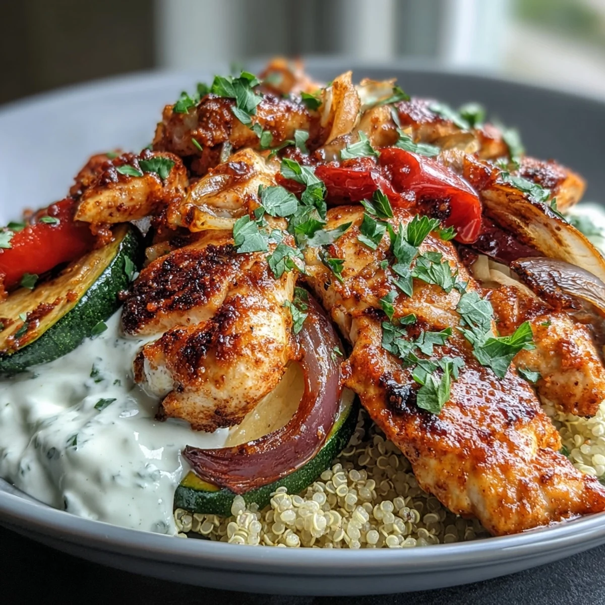 Golden brown paprika herb chicken slices rest on fluffy quinoa next to vibrant roasted zucchini, peppers, and onions.