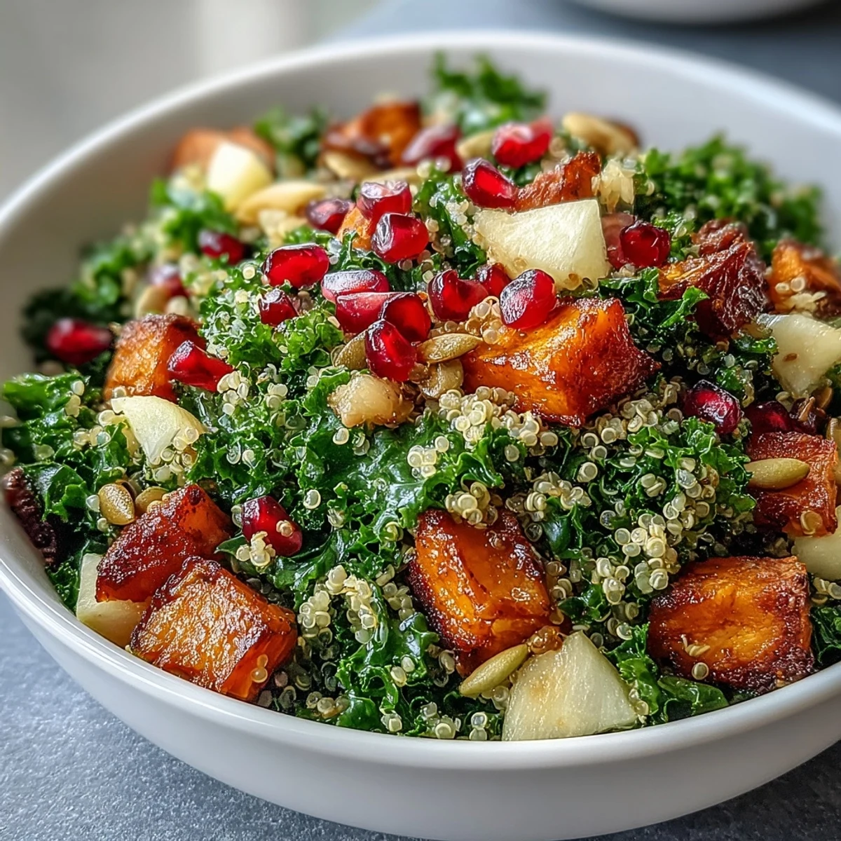 Vibrant Kale Harvest Grain Bowl topped with roasted sweet potatoes, crisp apple, and juicy pomegranate seeds on a rustic wooden table.