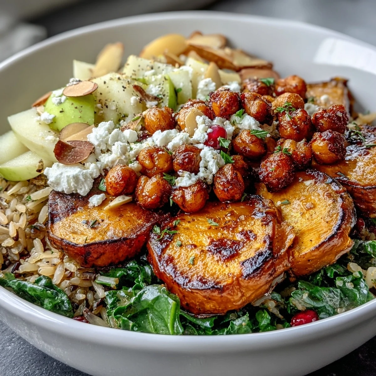 Golden roasted sweet potatoes and Brussels sprouts top the Fall Harvest Bowl with kale, wild rice, and crunchy toppings.