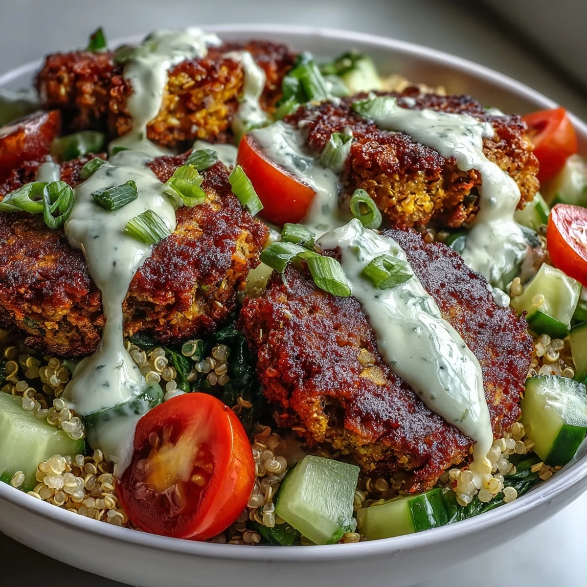 Golden-brown baked falafel sits atop fluffy quinoa with cucumber and cherry tomatoes in this Falafel Quinoa Salad Bowl.