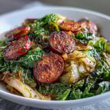 A close-up of Smothered Cabbage With Sausage Skillet, glistening with smoky pan juices and herbs. 