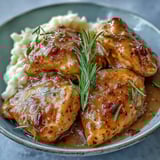 Gluten-free Slow Cooker Honey Mustard Chicken served beside creamy mashed potatoes and roasted carrots, drizzled with extra golden sauce.