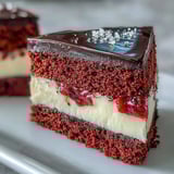 A slice of Betty Boop Cake reveals rich red crumb and tangy buttercream, perfect for serving at birthday parties.