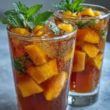 A vibrant glass of mango peach iced tea with fresh mint, served over ice with fruit slices.