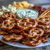 Game Day Baseball Snack Board with Pretzels and Dips: A vibrant spread of soft pretzels, dips, and savory snacks perfect for sharing during the big game.