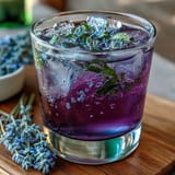 Iced lavender lemonade with fresh mint in a glass, garnished with lemon slices and mint sprigs.