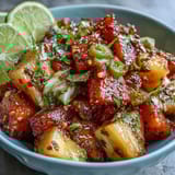 Vibrant tropical fruit cups with mango, pineapple, and watermelon, topped with zesty lime and chili seasoning.