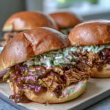 2. Slow-cooked shredded chicken drenched in smoky barbecue sauce, served on warm sandwich buns.  