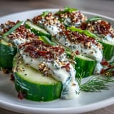 Creamy cucumber salad tossed with tangy dressing and crunchy everything bagel seasoning, perfect for a light lunch or snack.  