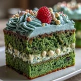 Elegant mini matcha cake layered with vanilla frosting, decorated with fresh berries for a vibrant brunch treat.