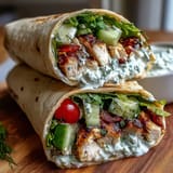 Delicious Tzatziki Chicken Wraps bursting with fresh cucumber and feta cheese.