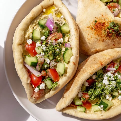 Warm mini pita pockets filled with vibrant vegetables next to three hummus bowls for the Savory Board.