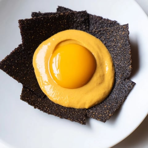 The Midnight Sun appetizer visually features black crackers surrounding a vibrant carrot and turmeric dip.