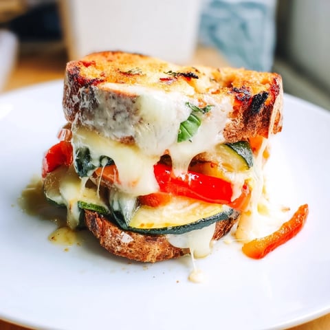 Golden, crispy sourdough slices frame a hearty Roasted Veggie Caprese Grilled Cheese, stuffed with melty mozzarella and vibrant roasted zucchini and peppers.