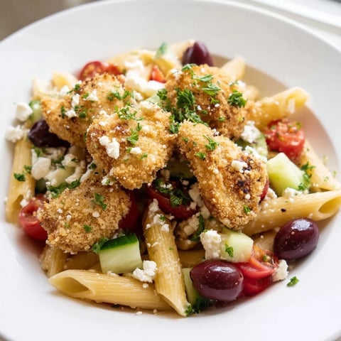 Golden Crispy Chicken Greek Pasta with feta, olives, and fresh tomatoes in a zesty dressing.  