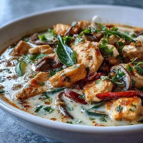 Creamy Thai Chicken Coconut Curry Soup steams in a bowl, garnished with fresh cilantro and lime wedges.