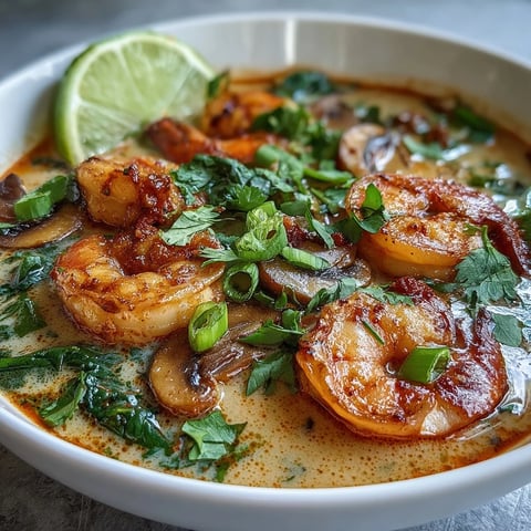 Steaming Thai Coconut Shrimp Soup in a rustic bowl garnished with cilantro, lime wedges, and green onions.  