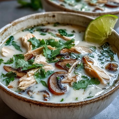 A bowl of steaming Authentic Tom Kha Gai with tender chicken, mushrooms, and fresh cilantro garnish.