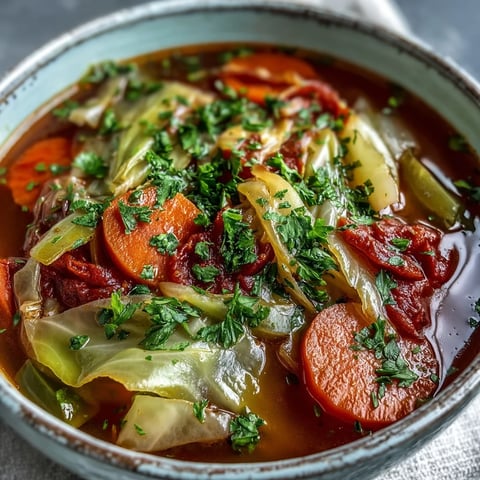 Steamy bowl of Classic Cabbage Soup featuring tender green cabbage and carrots in a savory tomato broth.