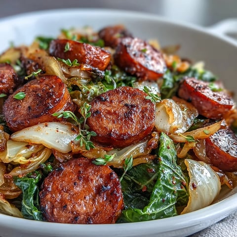 Sliced smoked sausage and tender cabbage sizzle together in a savory skillet meal. 